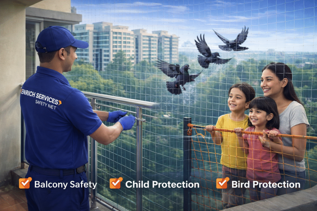 Invisible safety nets installation in Chennai for balcony, windows and bird protection by Enrich Services