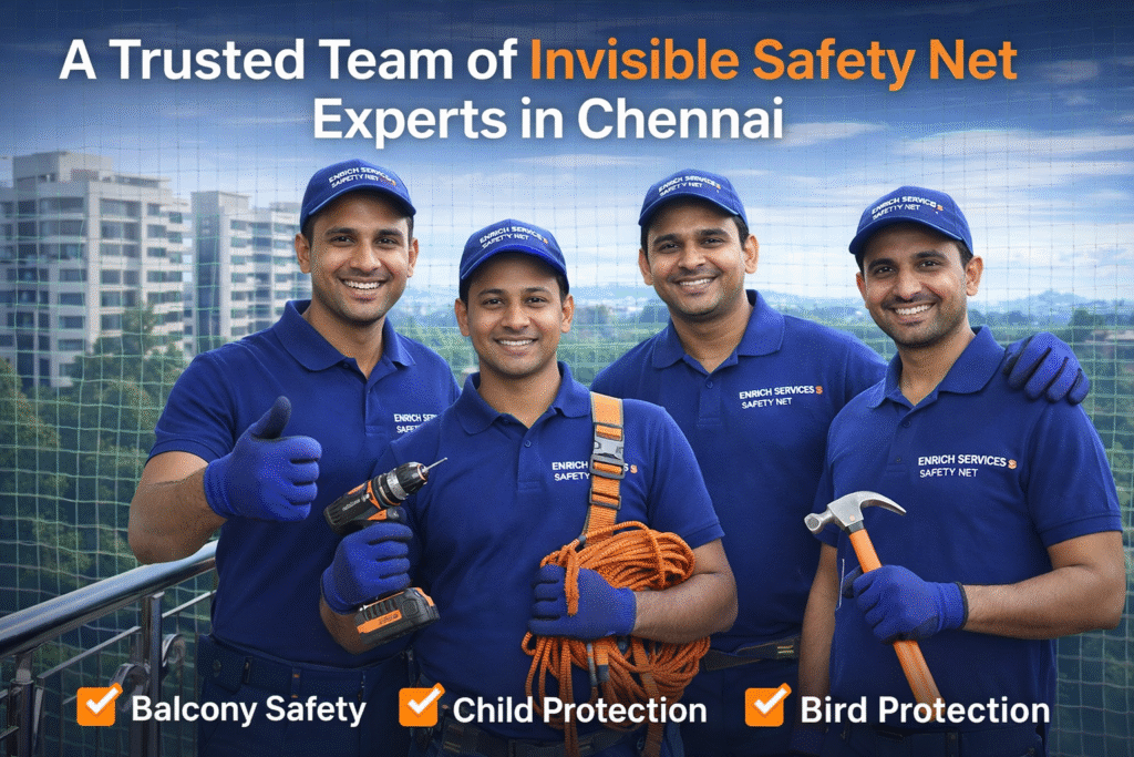 Enrich Services professional team installing invisible safety nets in Chennai for balconies, windows and bird protection