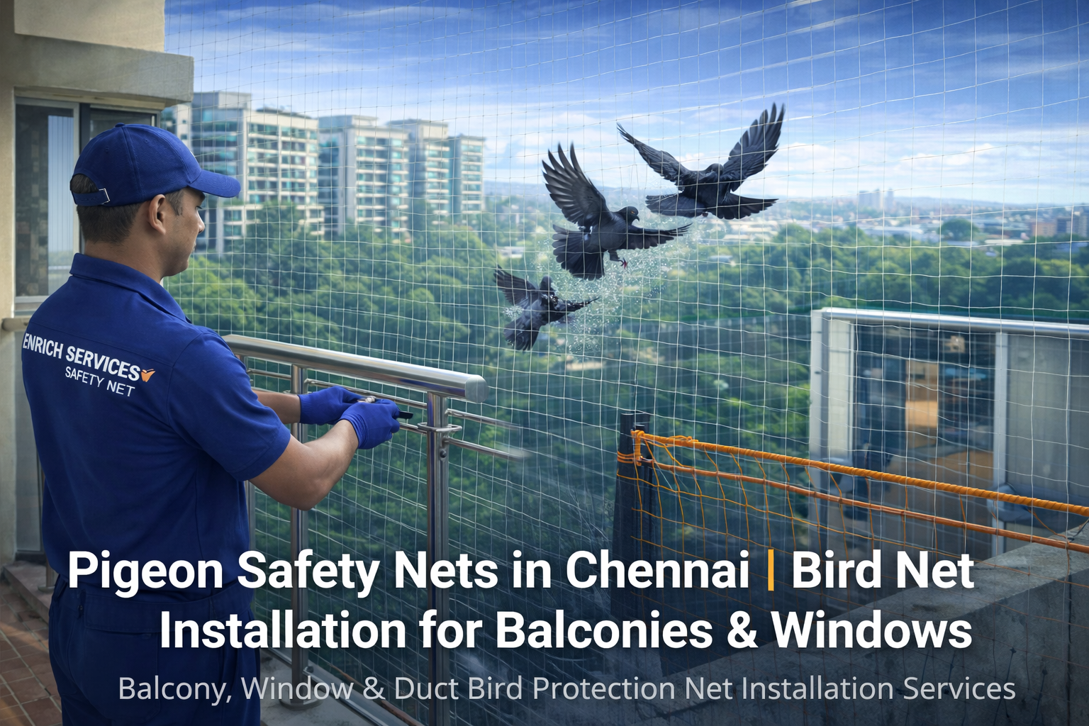 Professional pigeon safety net installation in Chennai for balcony and window bird protection by Enrich Services