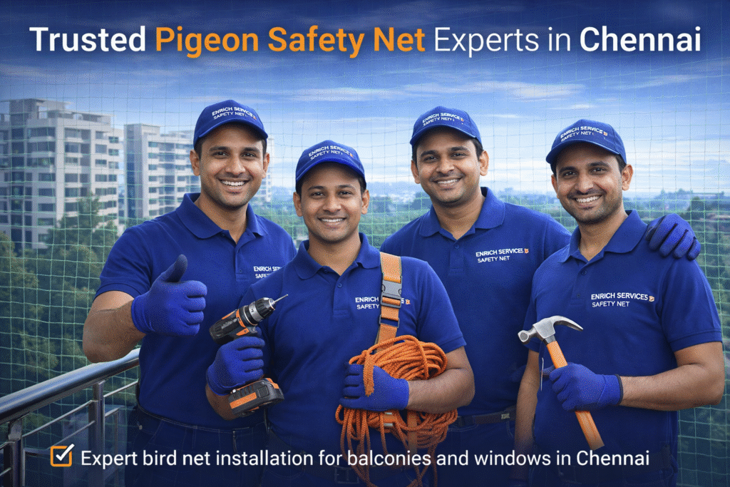 Trusted pigeon safety net experts in Chennai installing bird protection nets for balconies and windows – Enrich Services team